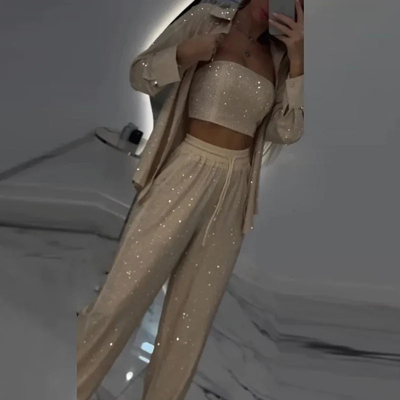 Sexy Sequins Shiny Three Piece Set Womens Strapless