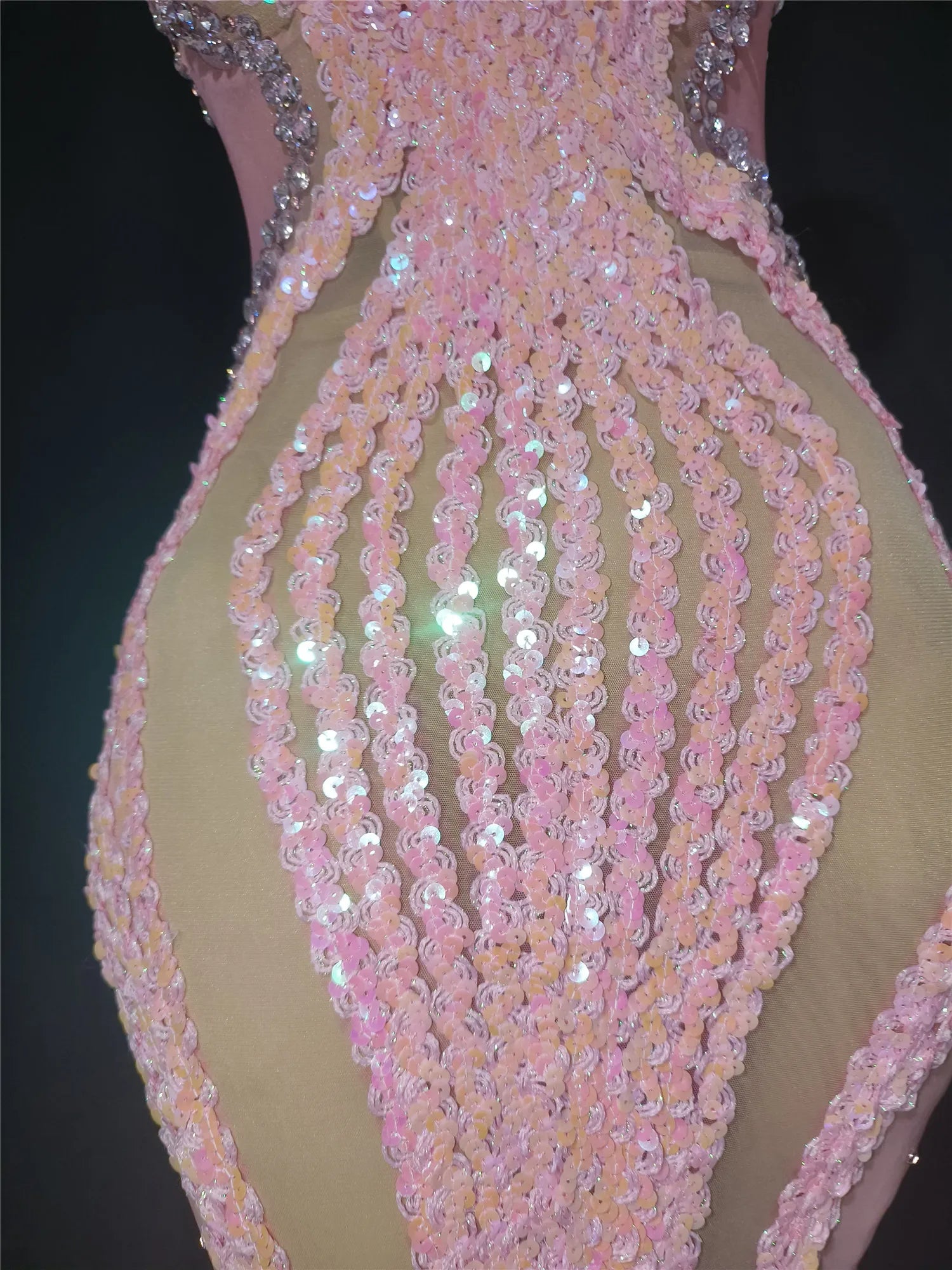 Women Luxury Pink Glitter Rhinestones Sequines Transparent Maxi Long Fairy Dress
