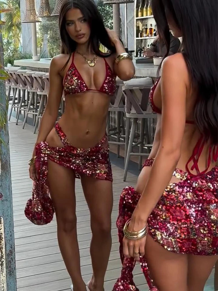 Sequins Tank Top Mini Skirt Sets Women Halter Backless Deep V-neck Lace Up Vest