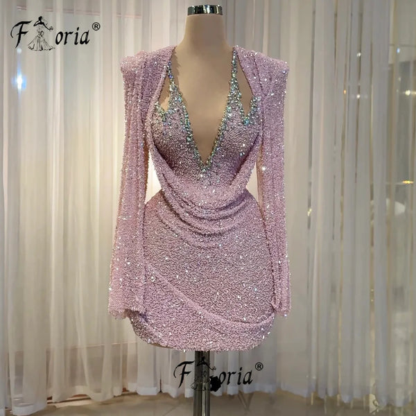 Pink Crystal Short Cocktail Dress Beaded Sequin mujer