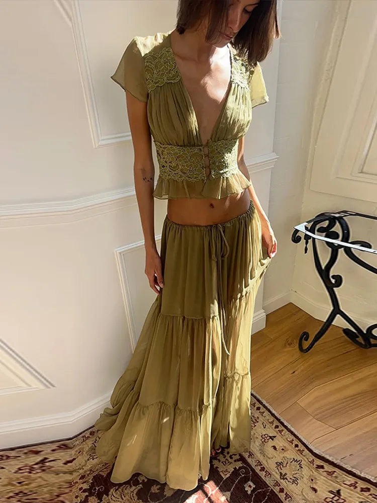 Women's 2 Piece Set Bohemian Olive Green Deep V Lace Trim Cropped Top & Tiered Maxi Skirt Beach Vacation Casual Elegant Outfit