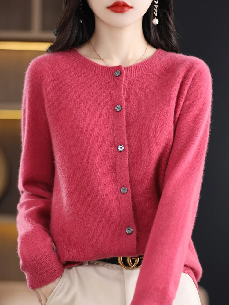 Chic Women's O-Neck Merino Wool Cardigan