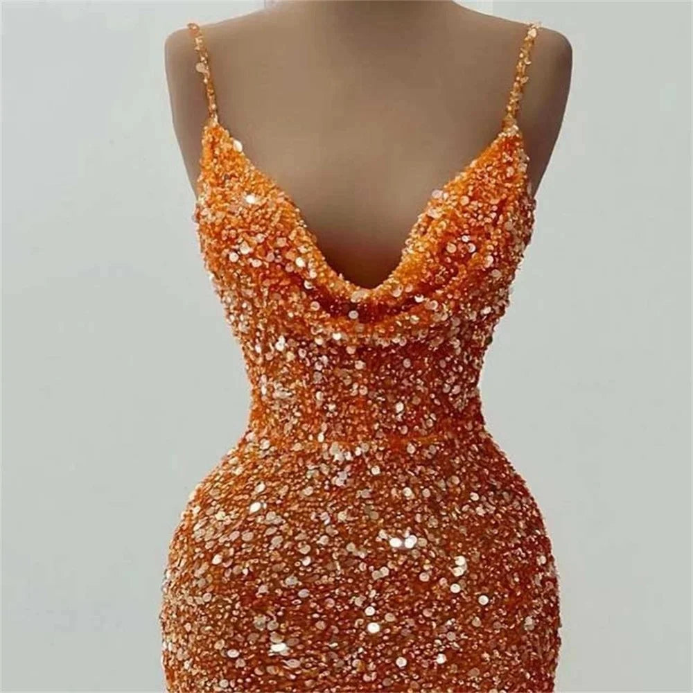 Sexy Spaghetti Straps Long Evening Dresses Luxury Sparkly Sequin