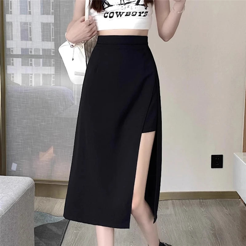 High-Waist Irregular Slit Black Skirt for Women