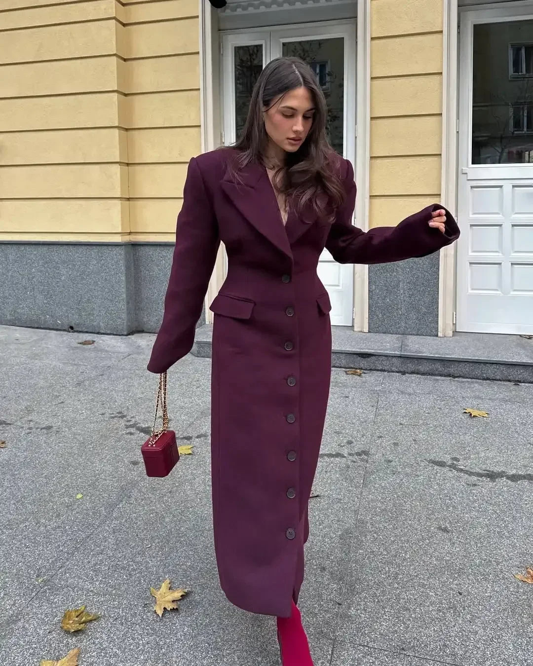 Solid Waist Cinching Woolen Blend Overcoat Women Fashion