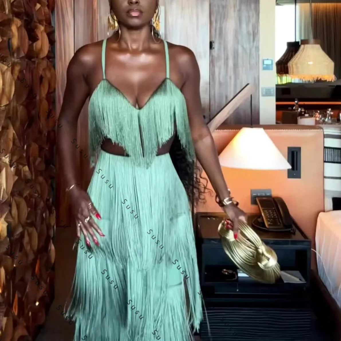 2025 new GY26135 sexy low-cut V-neck suspender fringed two-piece set