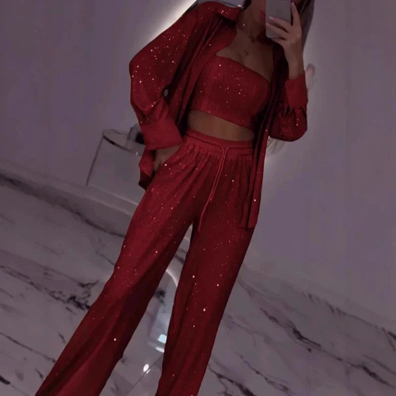 Sexy Sequins Shiny Three Piece Set Womens Strapless
