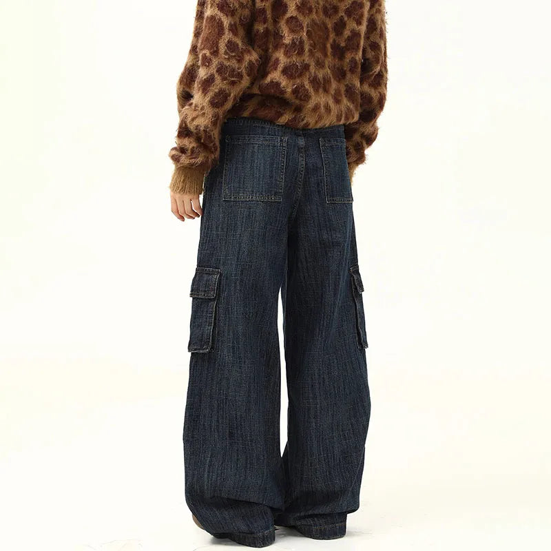 Korean Retro Men'S Loose Wide Leg Jeans High Street Straight Leg Pants Casual Jeans Multi Pocket Work Pants