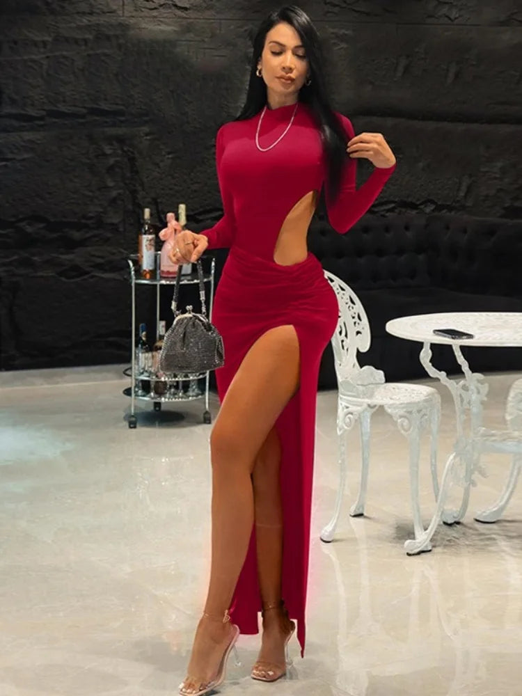 Solid Color Maxi Dresses For Women Evening Party Clothing Hollow Out Sexy Vestidos De Mujer Long Sleeve Robe Femme Été Split