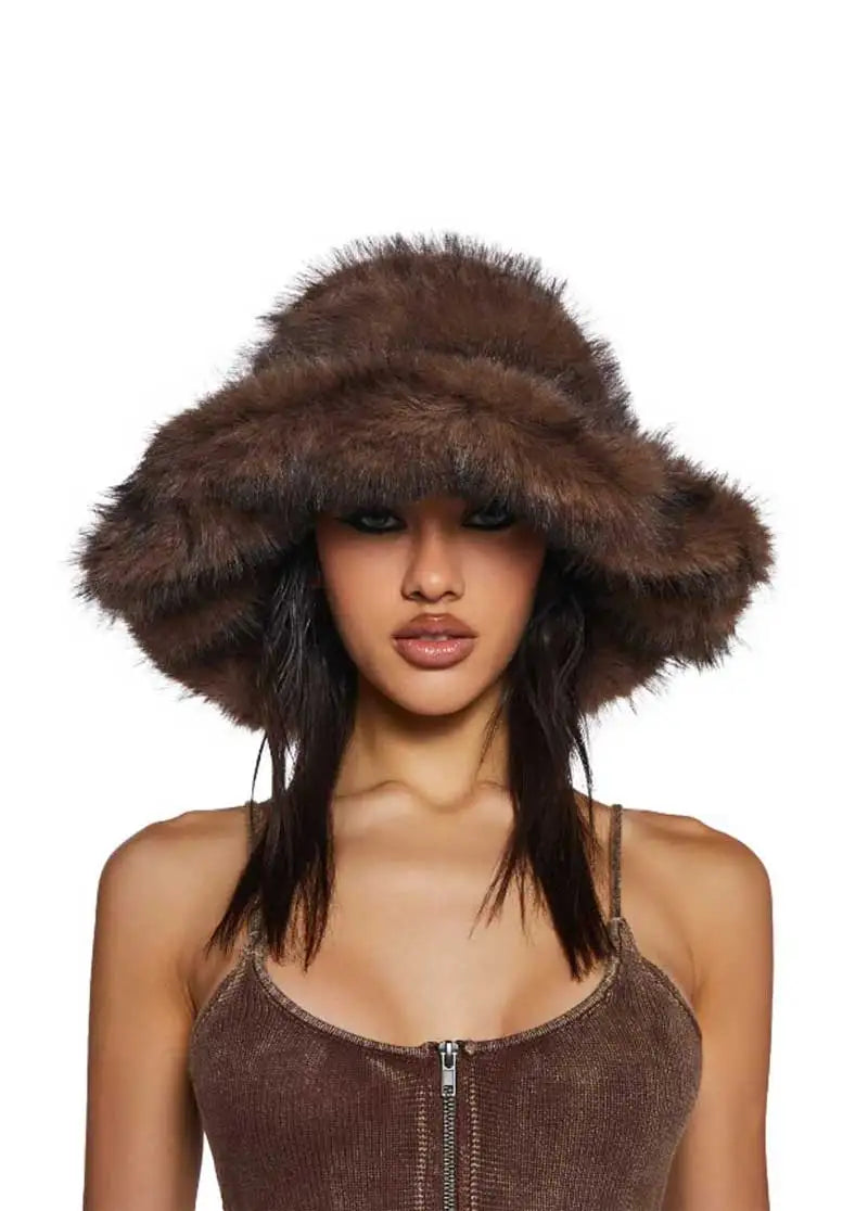 Punk Rock Style Women's Ball Bag Y2K bucket hat women's winter warm thick imitation raccoon fur hat bucket hat  모자 여성