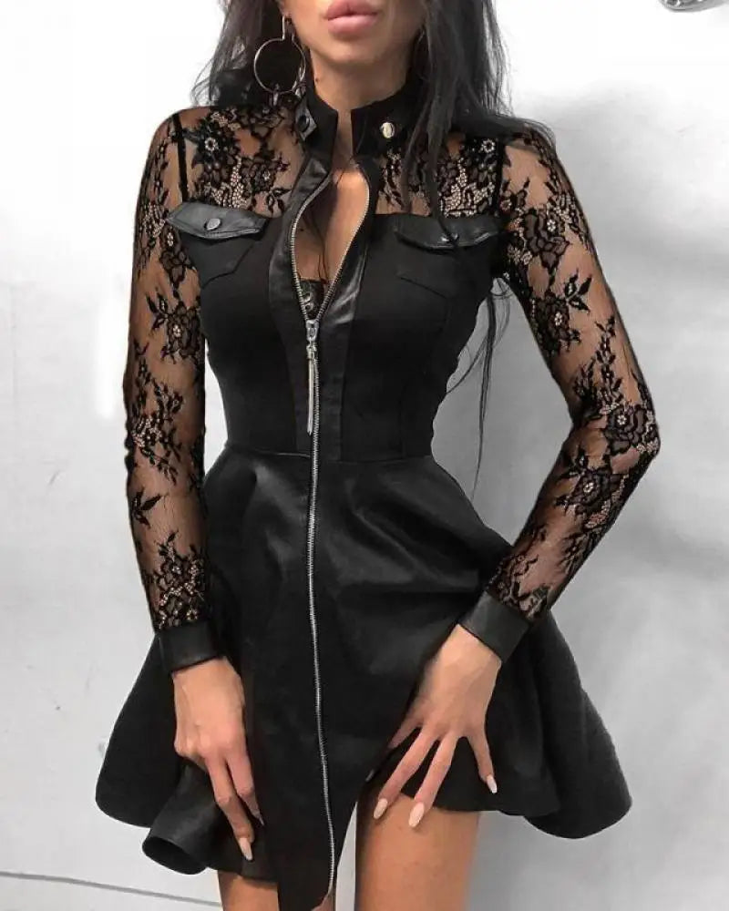 Faux Leather Dress Women Sexy Lace Mini Dress