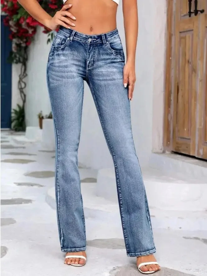 Embroidered Wide Leg Denim Trousers