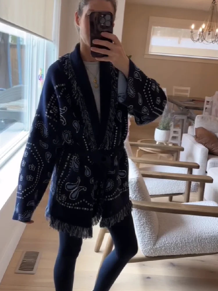 Tassel Patchwork Printed Cardigan Women Geometric Patterns Belts
