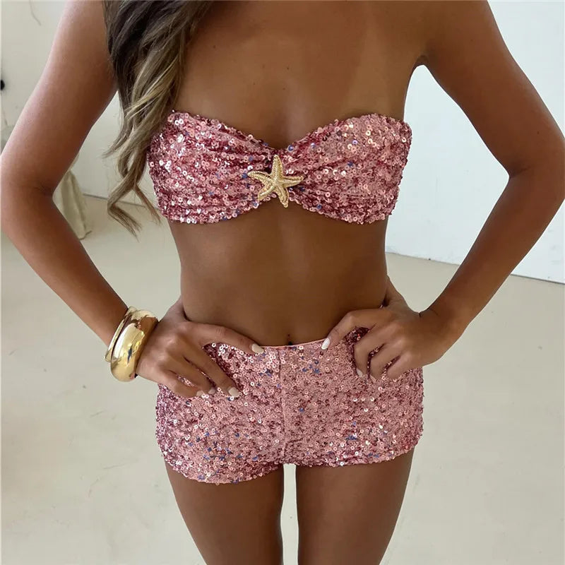 hirigin Women Sequin 2 Piece Outfit Sparkly Sexy Bodycon Sleeveless