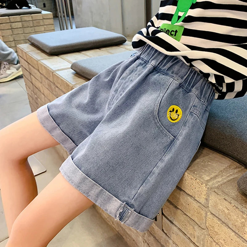 Embroidered Smile Face Denim Shorts