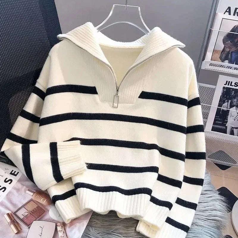 Spring & Autumn Zipper Stripe Sweater for Women