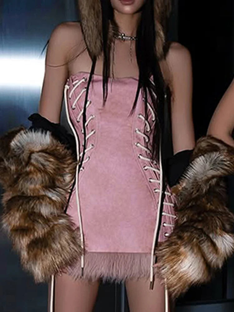 Sisterlinda Peach Hip Strapless Dress Women Shirring Feather