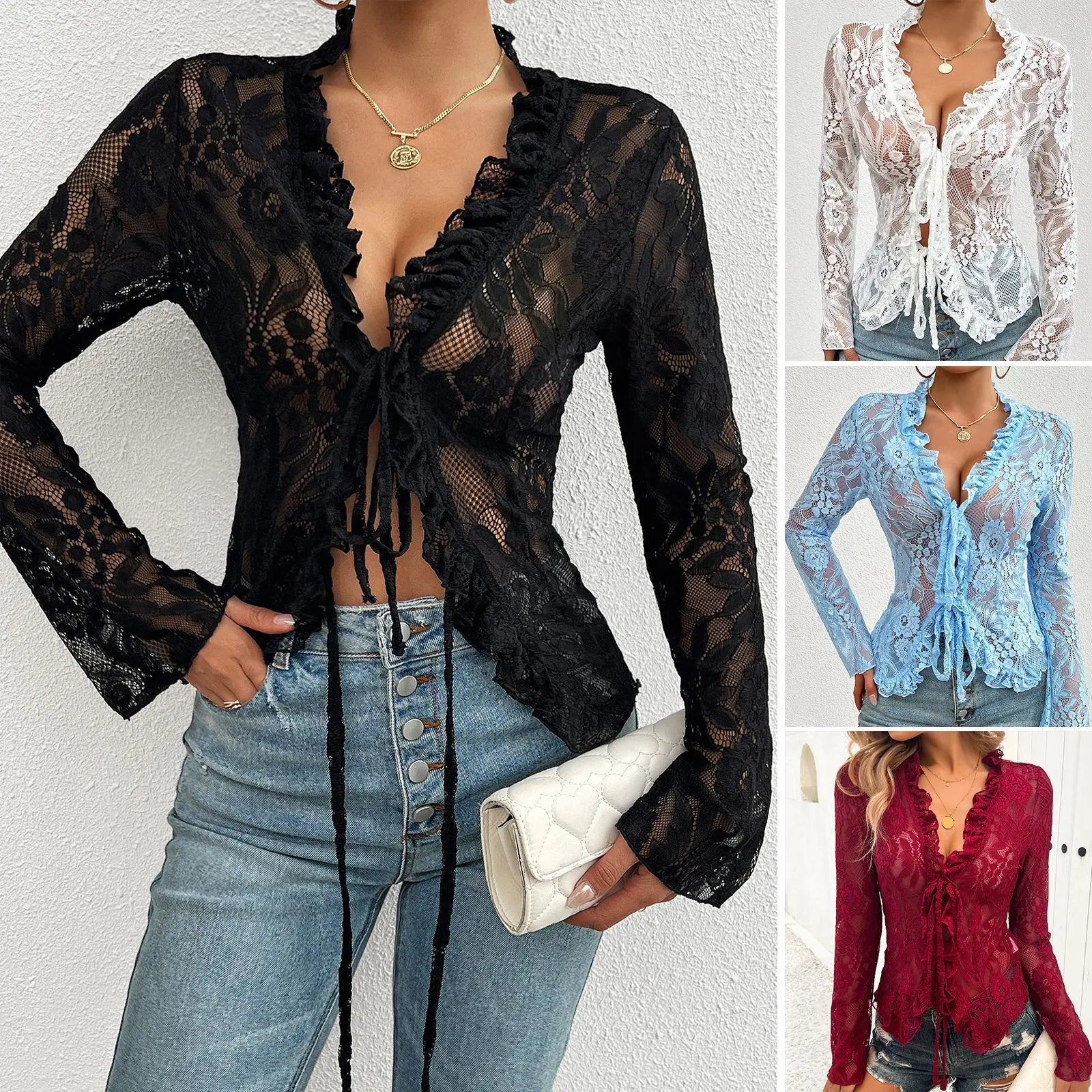 Spring Summer Sexy Slim Fit Long Sleeved Women Lace