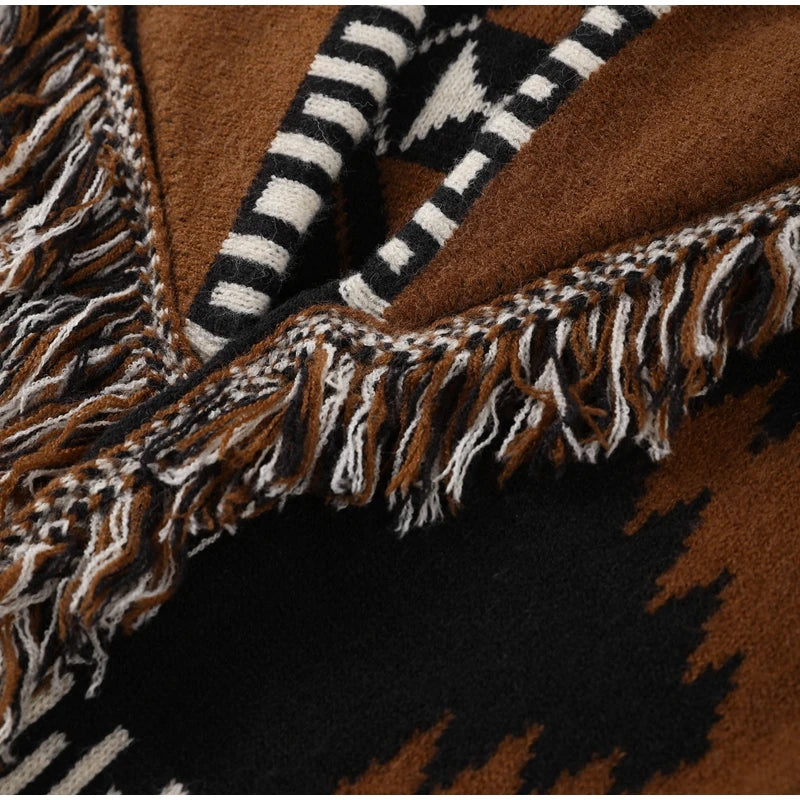Geometric Jacquard Fringe Belted Waist