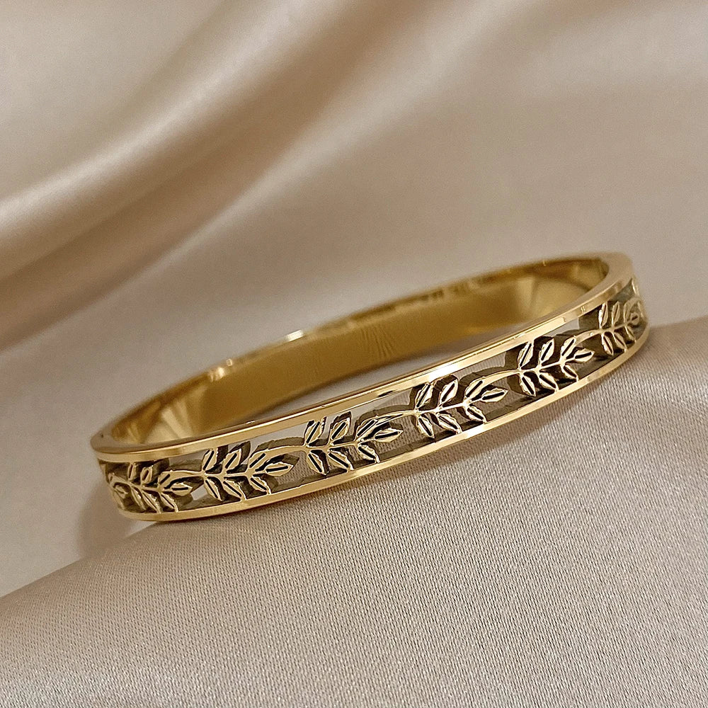 Vintage Greek Laurel Leaves Stainless Steel Bangle