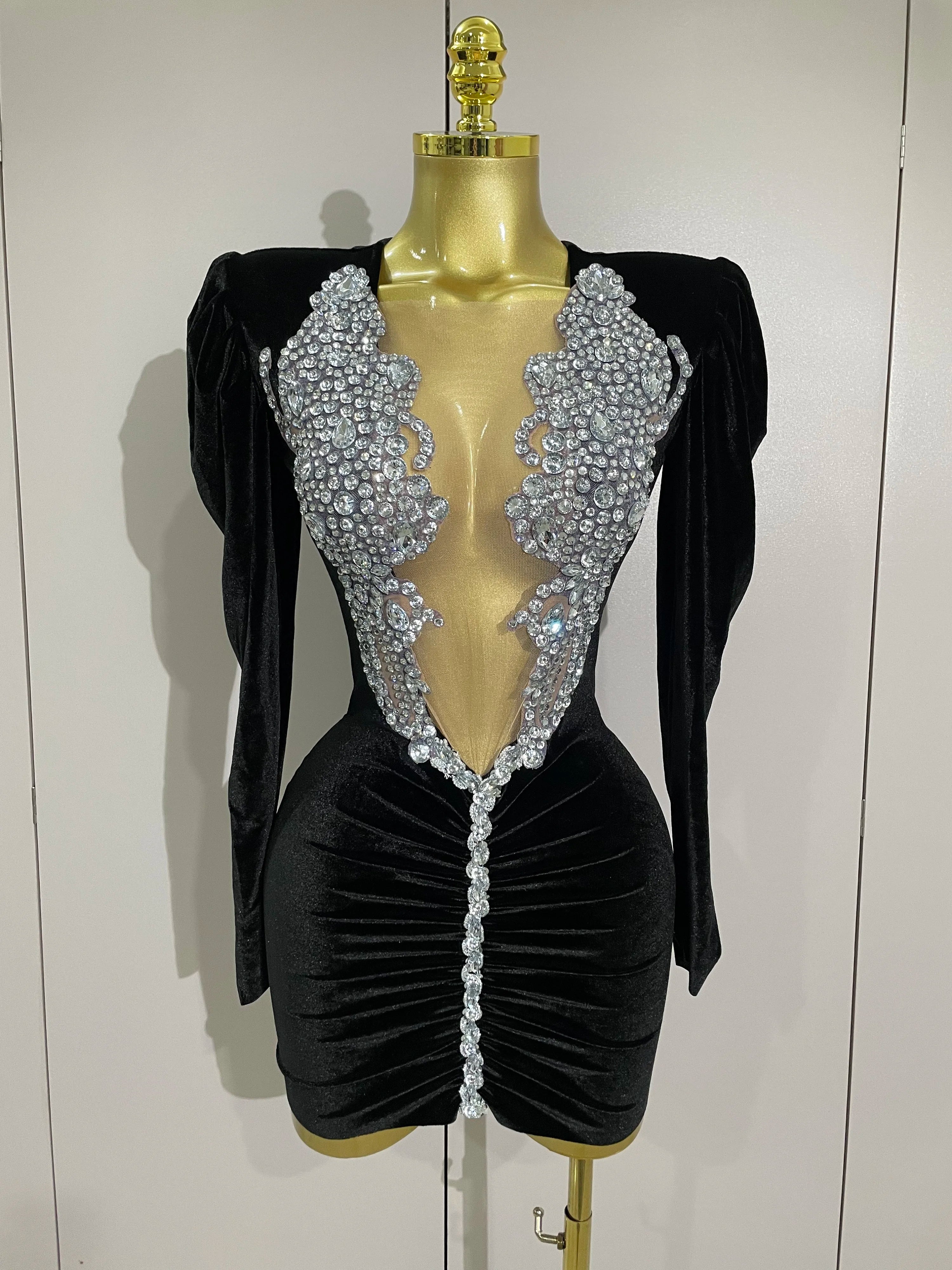 Sparkly Crystals Sexy Mesh Black Velvet Short Dress 2025 Women Elegant Evening Prom Luxury Birthday Party Dresses Stage Costume