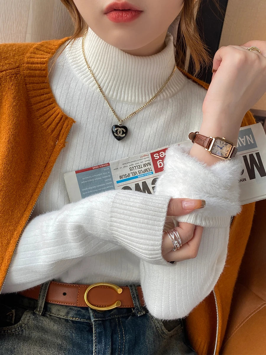 Women's Retro Red Turtleneck Sweater with Velvet Lining