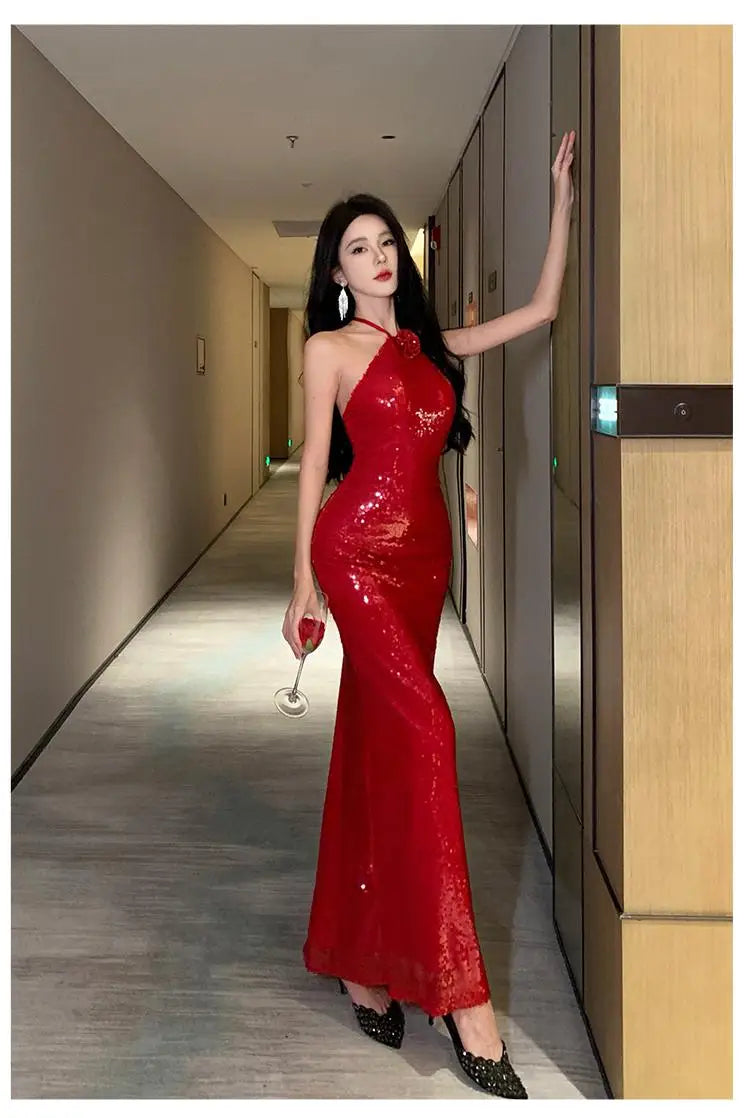Summer Red Sequined Women's Halter Neck Dresses Fashion Backless Bandage Dress Sexy Party Female Birthday Evening Long Dress New