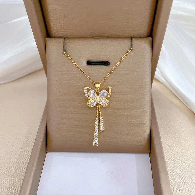 Zircon Butterfly Tassel Choker Necklace