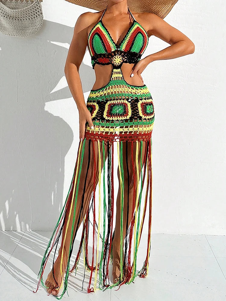 Women Summer Crochet Halter Deep V Neck Cover Ups Multicolor Swimsuit