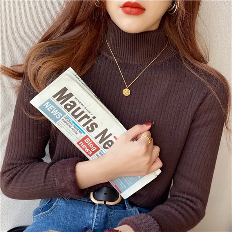 Women's Retro Red Turtleneck Sweater with Velvet Lining