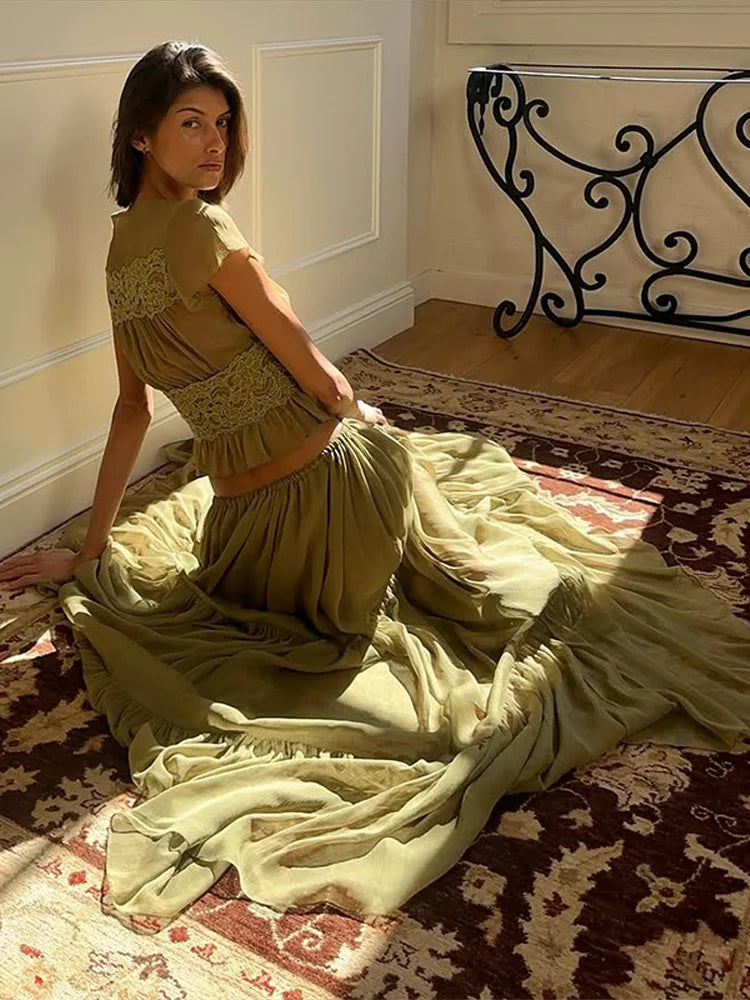 Women's 2 Piece Set Bohemian Olive Green Deep V Lace Trim Cropped