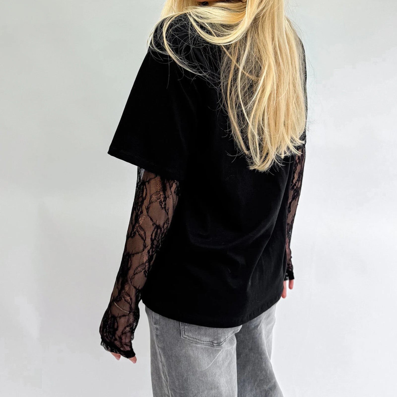 Women Round Neck T-Shirts Lace Long Sleeve Casual Shirts Spring Fall Loose Fit Tops Streetwear