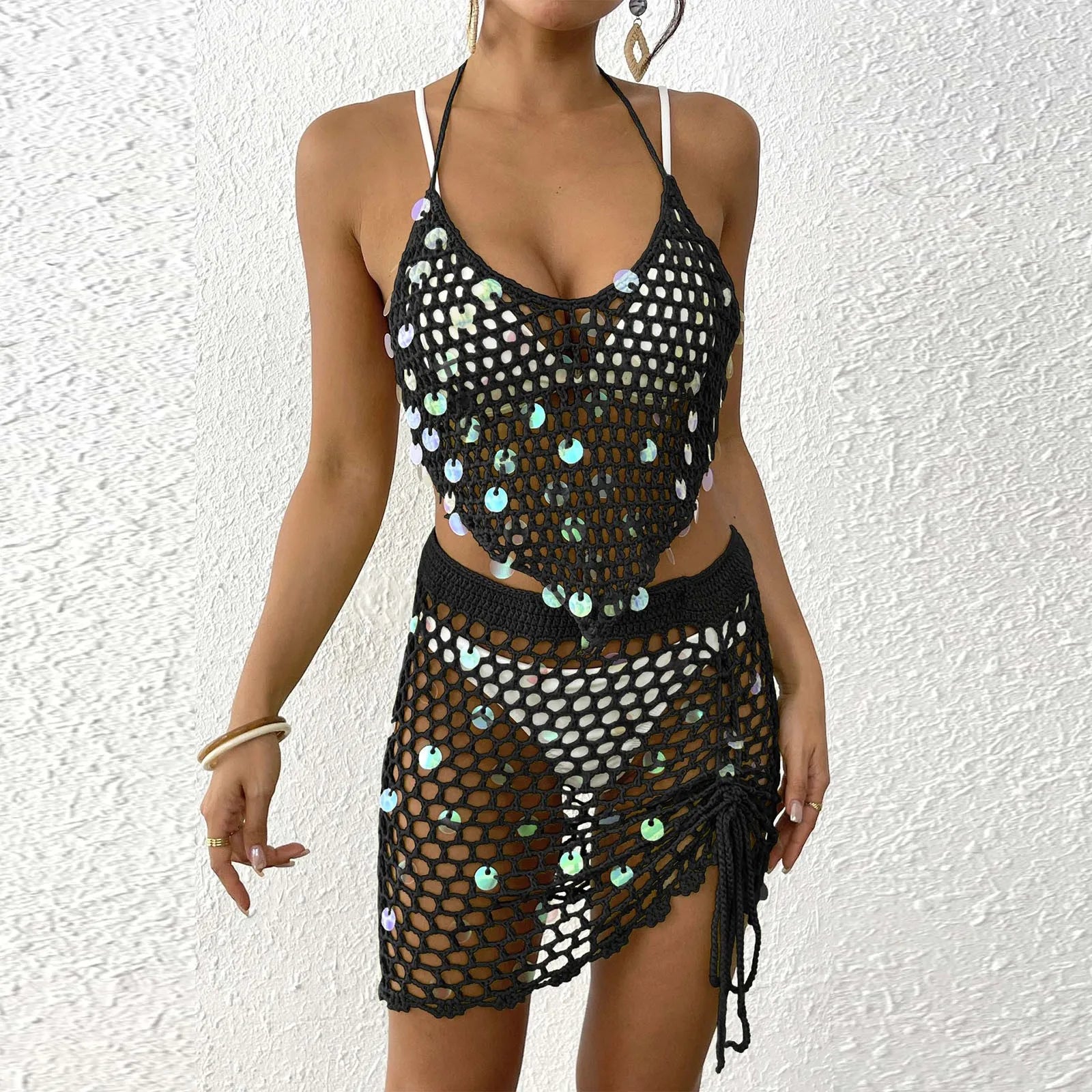Beach Cover Up 2pcs Sexy Women Shiny Sequin Hollow Out Knitted Tank Tops