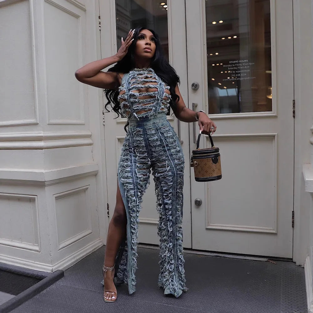 GETSRING 2026 Trousers Female hollow out blue Jeans sexy Pants Wide Leg Trousers Lady Denim Pants
