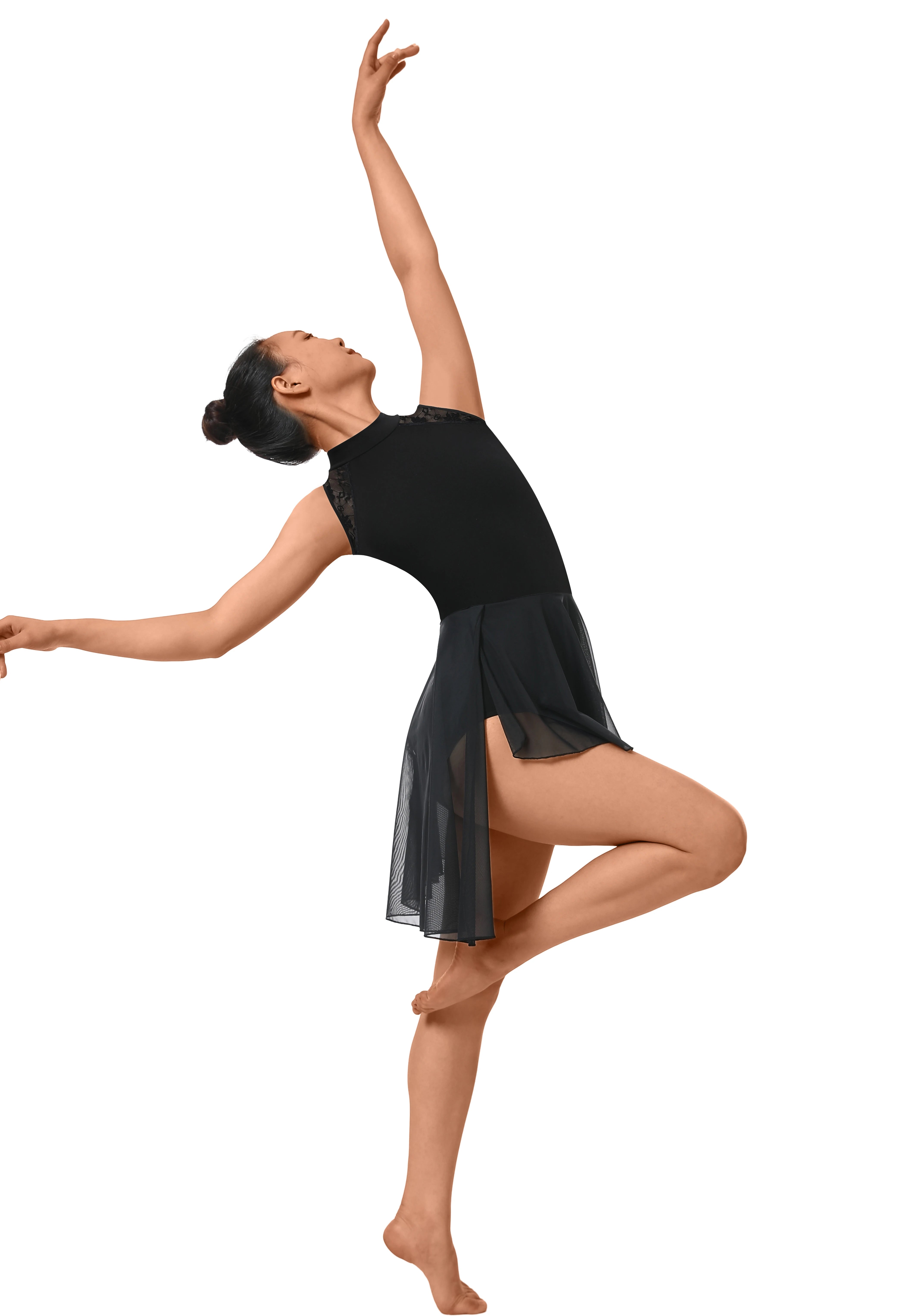 Women Lyrical Modern Dance Dress Asymmetric High-Low Mesh Skirted Contemporary Dance Costume