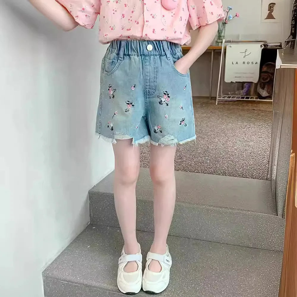 Girls' Cartoon Embroidered Denim Shorts