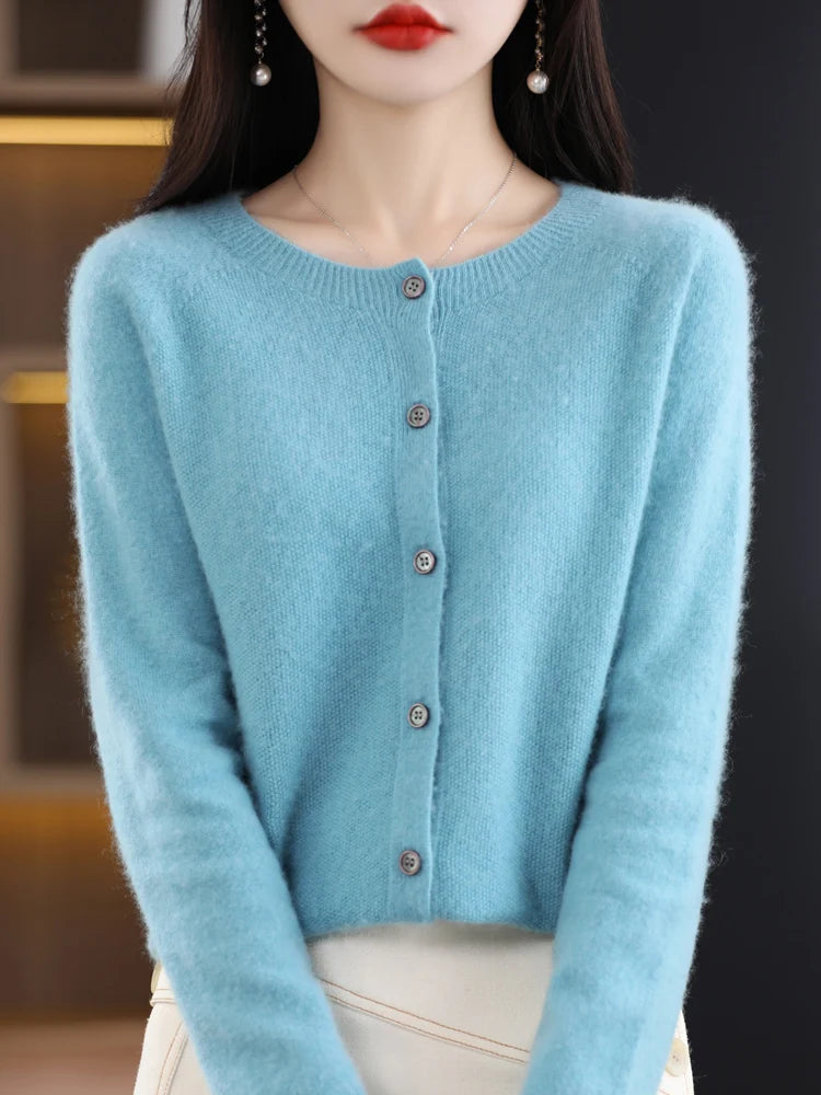 Chic Women's O-Neck Merino Wool Cardigan
