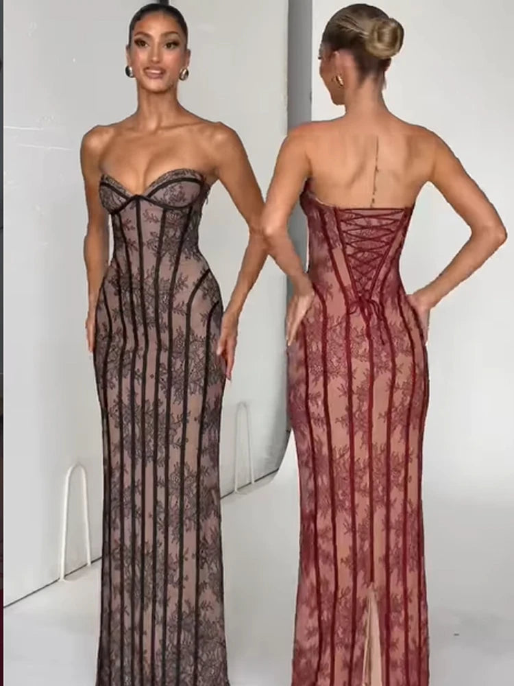 Chic Gauze Fishbone Strapless Dress Women Backless Off-shoulder Waist