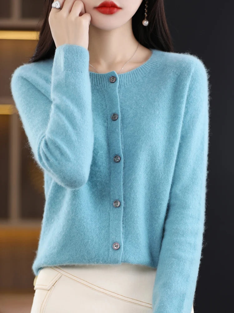 Chic Women's O-Neck Merino Wool Cardigan