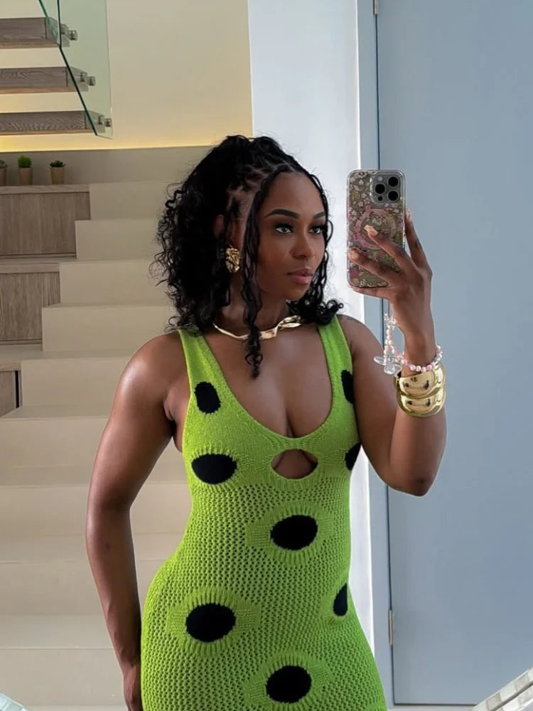 Women Sexy See Through Knitted Maxi Dress Hollow Out Deep Neck Pot Robes Tassel Hem Fork Party Vestidos 2025 New Lady Club Gown