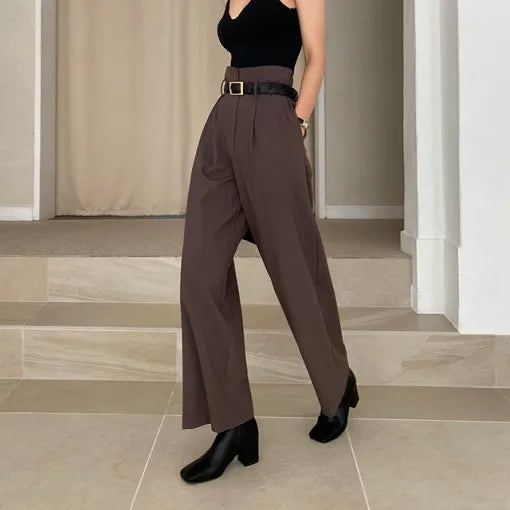 Chic Retro Lapel ort One Button Suit Jaet High Waist Wide Leg Pants