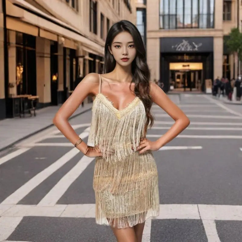 Women's Sexy Dress Low-cut V-neck Suspenders Tassel Design Fashion Sexy Nightclub Short Skirt  Women Wedding Dresses