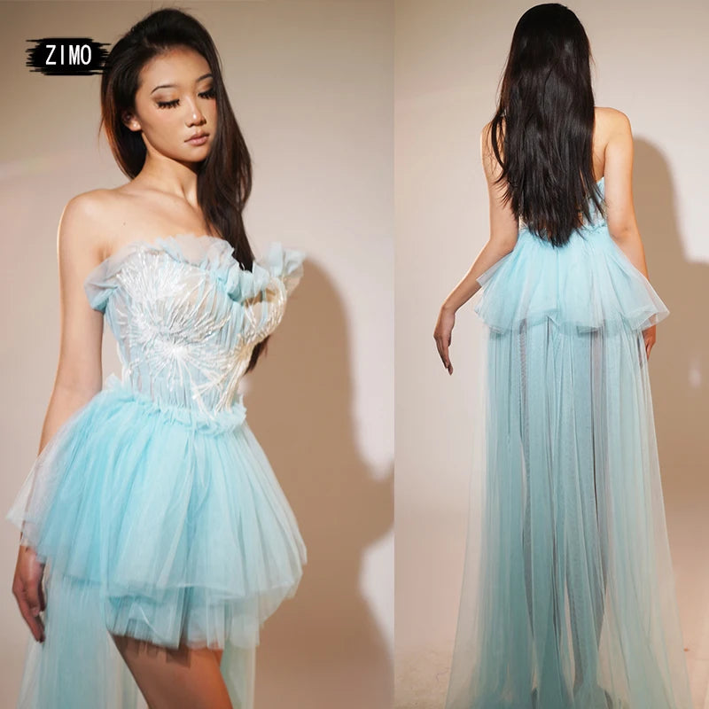 Women Evening Dress Sexy Blue Lace Sequins Party Dresses Birthday Ds Nightclub Gown Stage Singer Drag Queen Performance Costumes