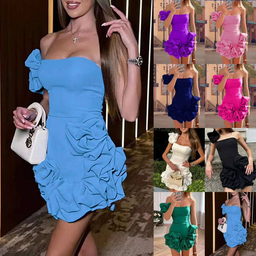 Spring Evening Dress Women White Solid Bandage Ruffles