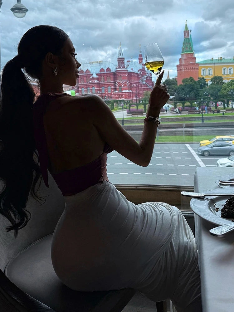 Kliou Ruched Elegant Long Dress Woman Halter Low-Neck Backless Contrast Patchwork Robe Midnight Banquet Party Classic Vestidos