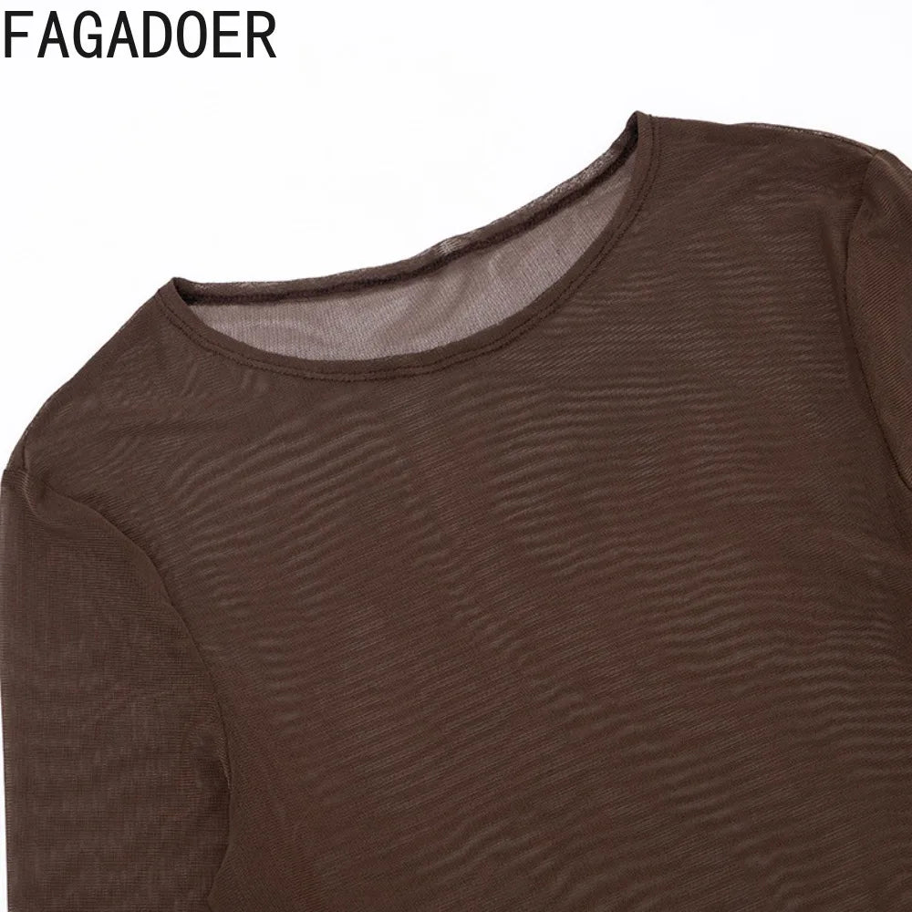 FAGADOER Sexy Mesh 4 Pieces Set for Woman Outfits Solid Color Long Sleeve Crop Top + Shorts Matching Female Streetwear Clothing