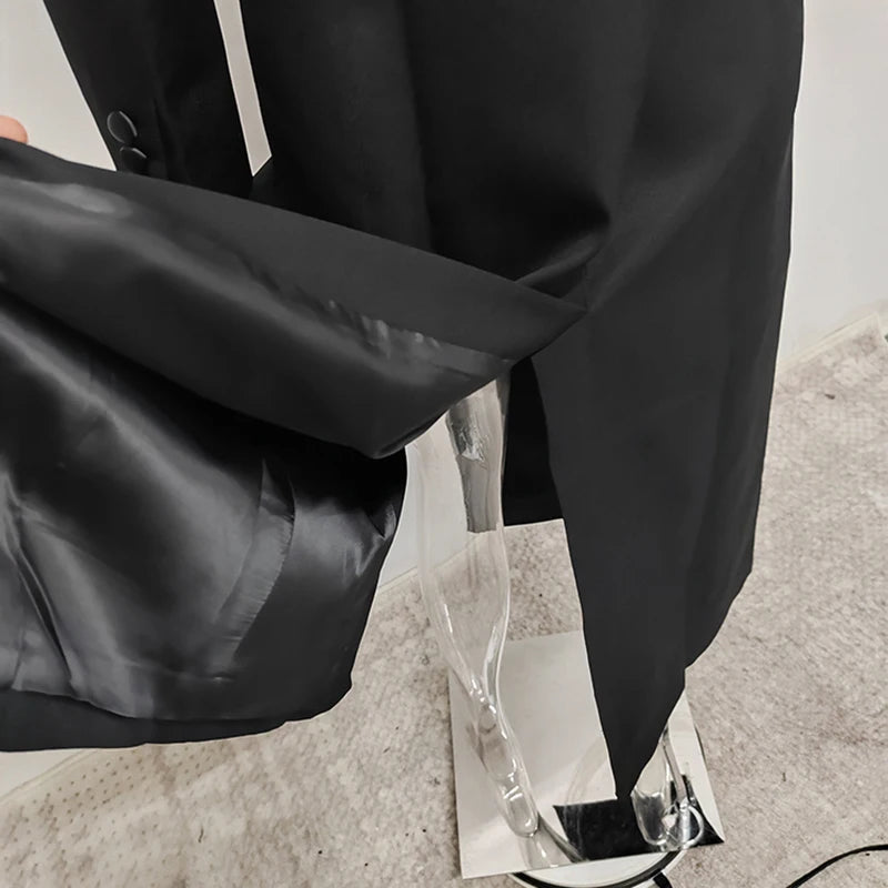 DEAT Fashion Black X-long Blazer Women's Lapel Slim Fit Double Breasted Full Sleeves Suit Jacket Autumn New