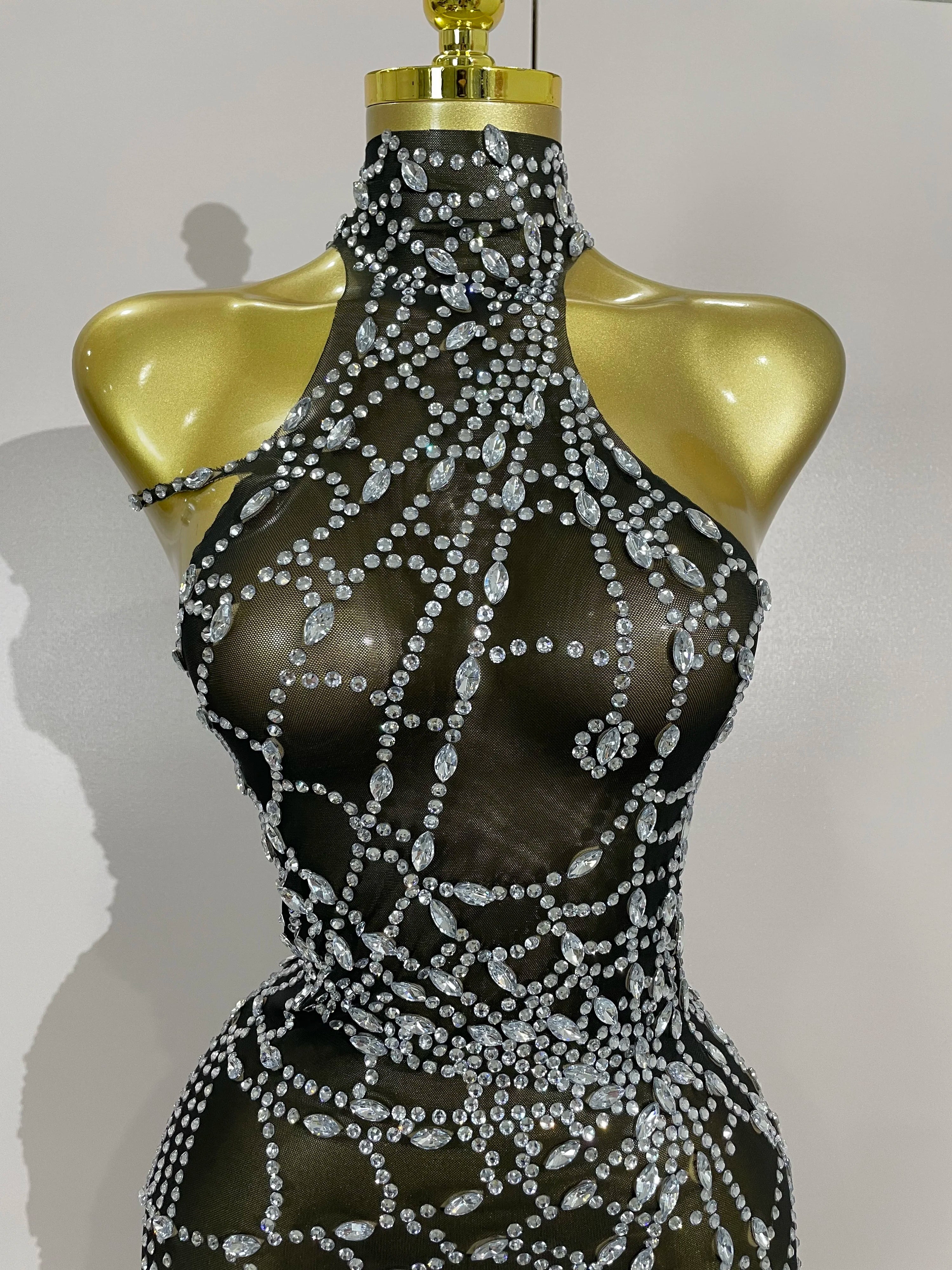 STOCK Sparkly Diamond Sexy Mesh Asymmetric Bodycon Mini Dress Women Nightclub Bar Party Show Gogo Dancer Clothing Stage Costume