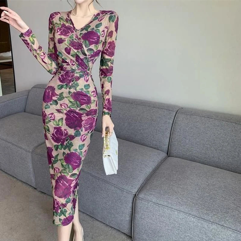 Spring Autumn Elegant Dress Sets Women V-neck Fashion Long Sleeve