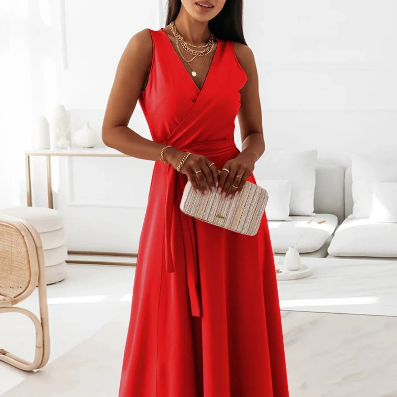 dresses for women elegant party dresses V-neck Sleeveless Belt Evening Dresses